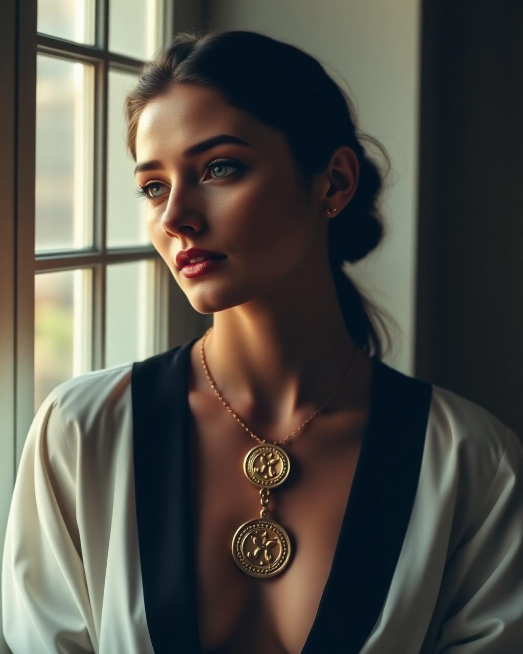 Woman wearing golden Solomon seal necklace in soft window light