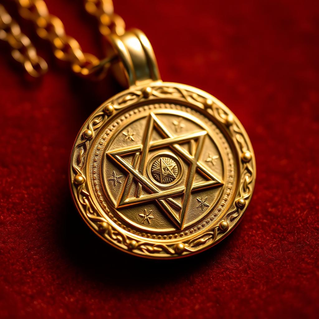 Close-up of a golden Seal of Solomon pendant on red velvet