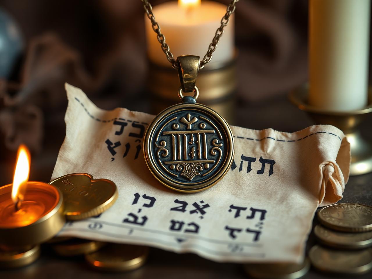 Prosperity Seal pendant resting on parchment with Hebrew letters and coins